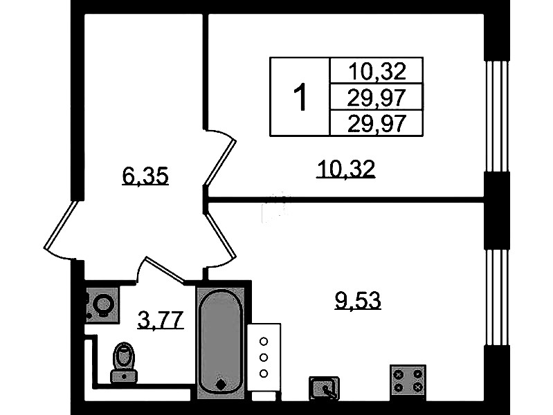 1-комнатная квартира 29.97 м², 5/13 эт., ЖК «Квартал Торики»